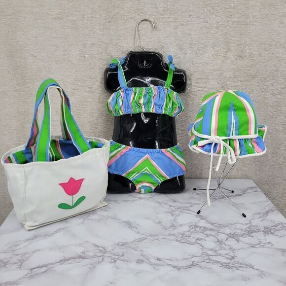 Fischel Vintage Striped Bikini Swimsuit Set with Bucket Hat and Bag Green Pink - Picture 1 of 16